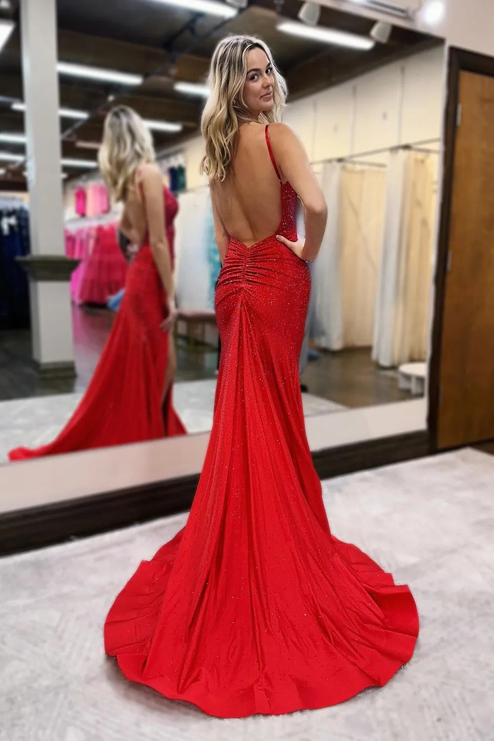Wholesale Red Glitter Mermaid Open Back Long Corset Beaded Prom Dress prom dresses with long sleeves