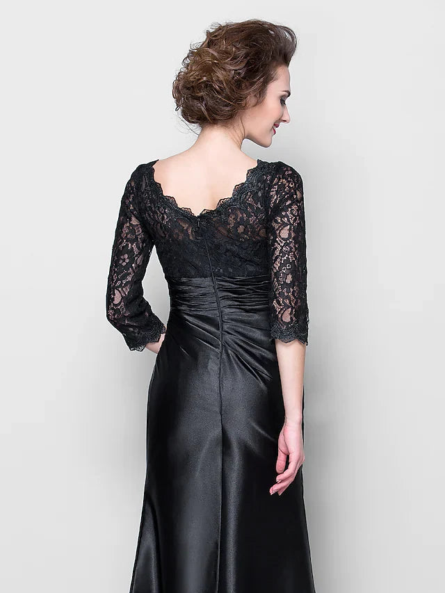 Wholesale Mother of the Bride Dress See Through Jewel Neck Floor Length Stretch Satin Lace Over Satin Length Sleeve with Lace Ruched Side Draping