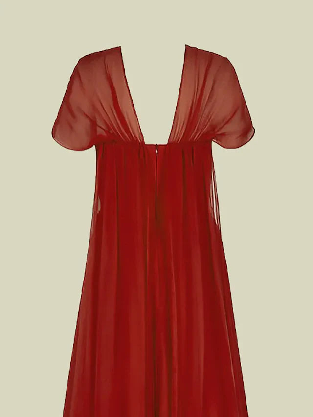 Wholesale A-Line Mother of the Bride Dress Elegant V Neck Floor Length Chiffon Short Sleeve with Pleats