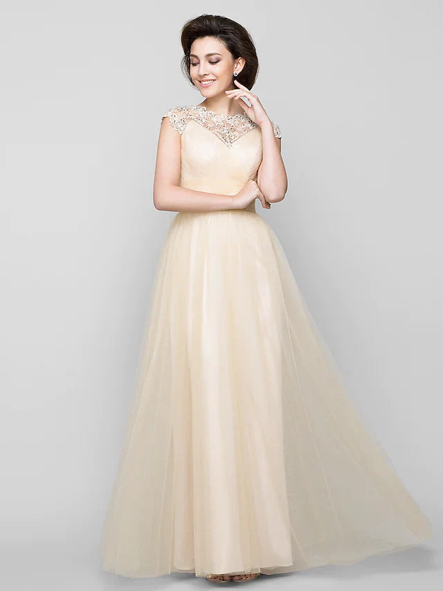 Wholesale A-Line Mother of the Bride Dress See Through Jewel Neck Floor Length Tulle Sleeveless with Criss Cross Beading