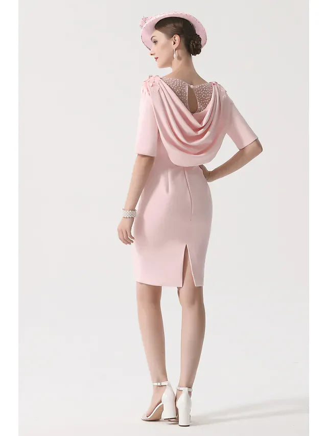 Wholesale Mother of the Bride Dress Elegant Jewel Neck Knee Length Stretch Satin Half Sleeve with Appliques