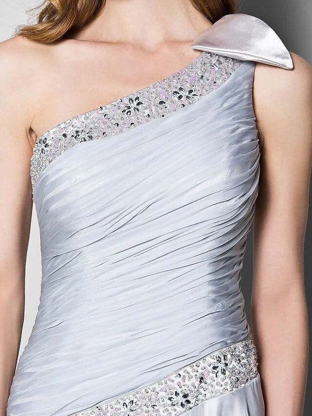 Wholesale A-Line Mother of the Bride Dress Elegant One Shoulder Floor Length Chiffon Sleeveless with Bow(s) Crystals Beading