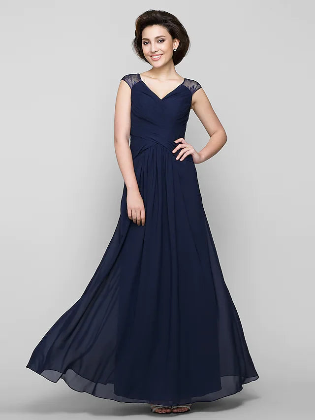 Wholesale A-Line Mother of the Bride Dress See Through V Neck Ankle Length Chiffon Lace Sleeveless with Lace Criss Cross