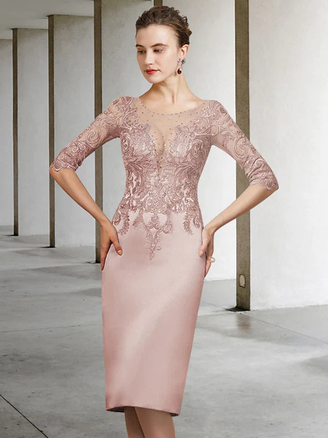 Wholesale Mother of the Bride Dress Elegant Jewel Neck Knee Length Lace Satin Length Sleeve with Appliques