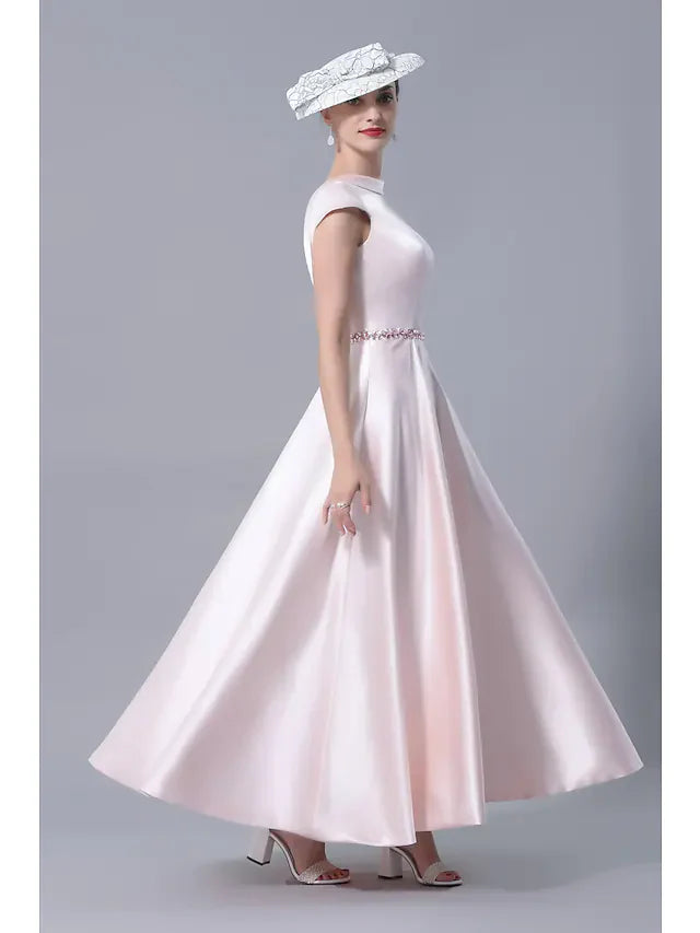 Wholesale A-Line Mother of the Bride Dress Plus Size Cowl Neck Ankle Length Satin Short Sleeve with Crystals