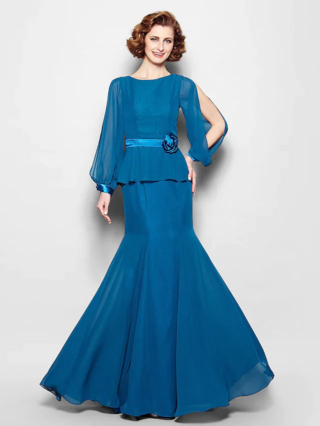 Wholesale Mother of the Bride Dress Vintage Inspired Jewel Neck Floor Length Chiffon Long Sleeve with Sash Ribbon Flower