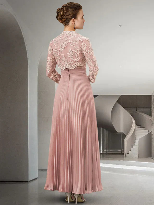 Wholesale Two Piece A-Line Mother of the Bride Dress Elegant Sweetheart Neckline Floor Length Chiffon Lace Long Sleeve with Pleats Appliques
