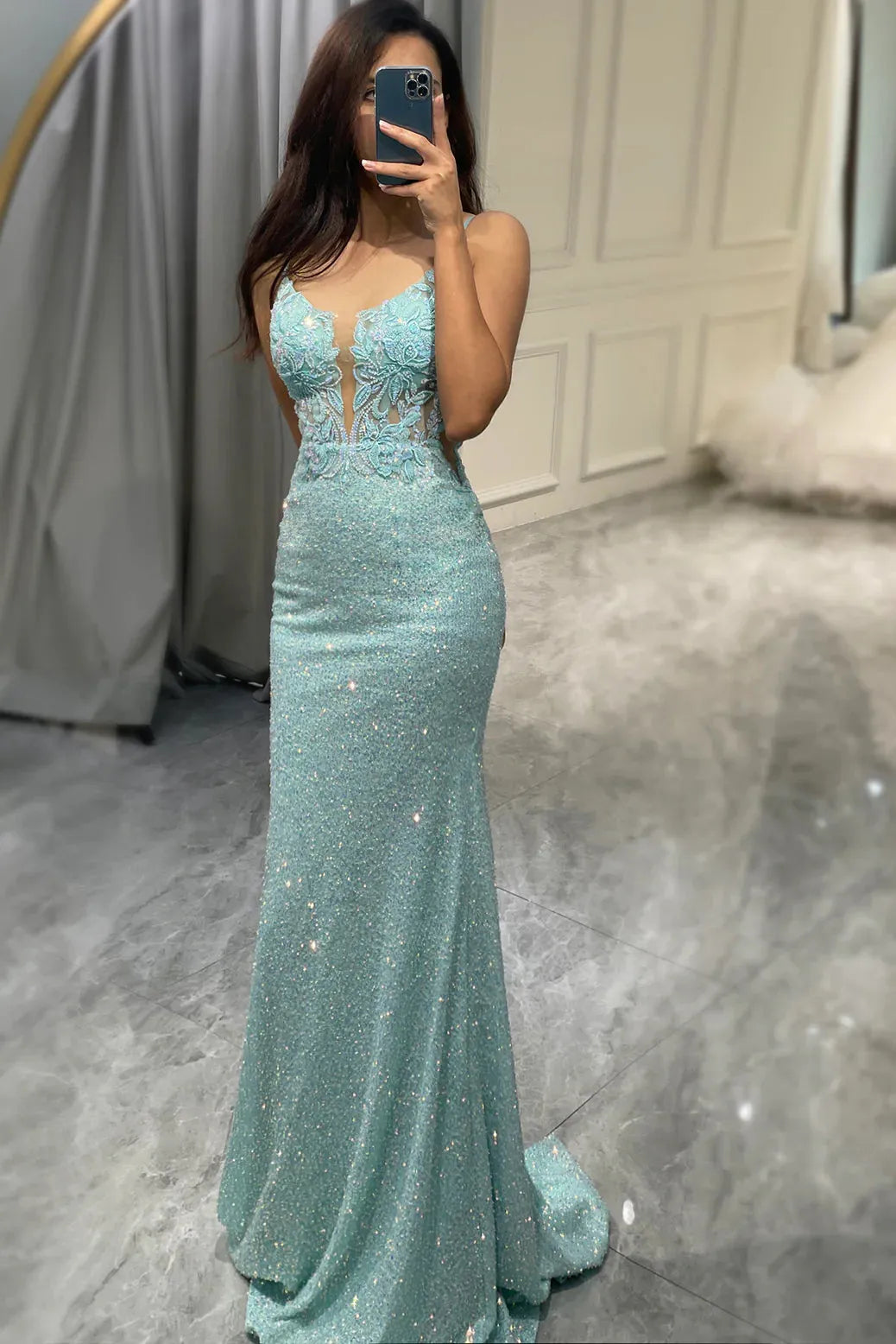 Wholesale Sparkly Light Green Mermaid Open Back Long Party Prom Dress prom dresses shops