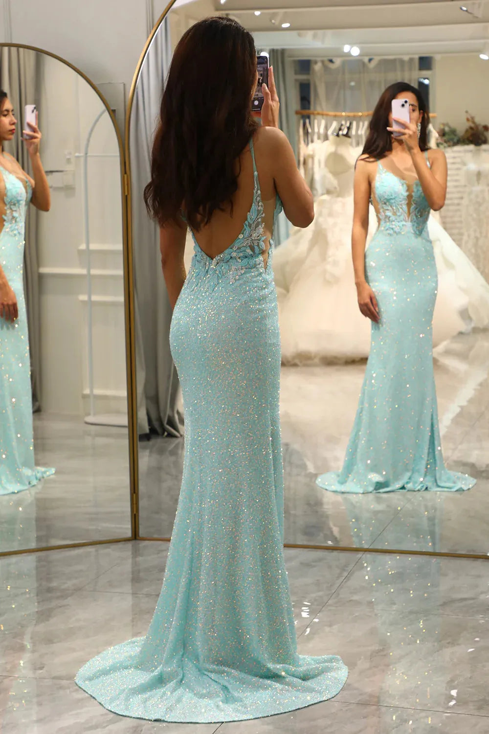 Wholesale Sparkly Light Green Mermaid Open Back Long Party Prom Dress prom dresses shops