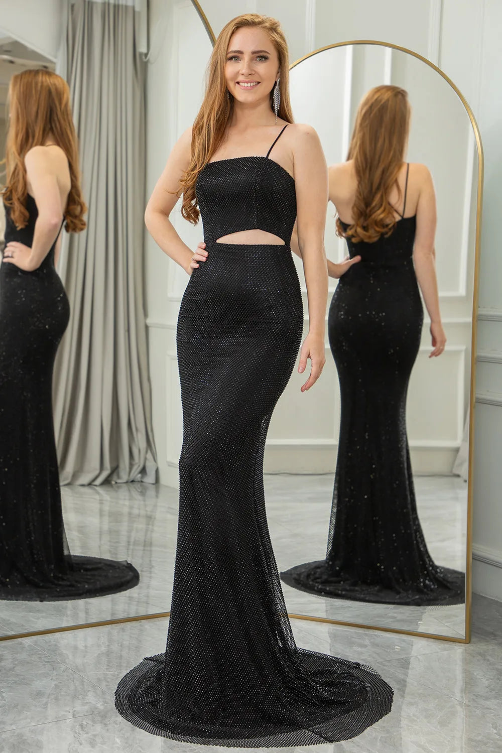 Wholesale Elegant Glitter Black Spaghetti Straps Mermaid Cut Out Long Prom Dress prom dresses shops