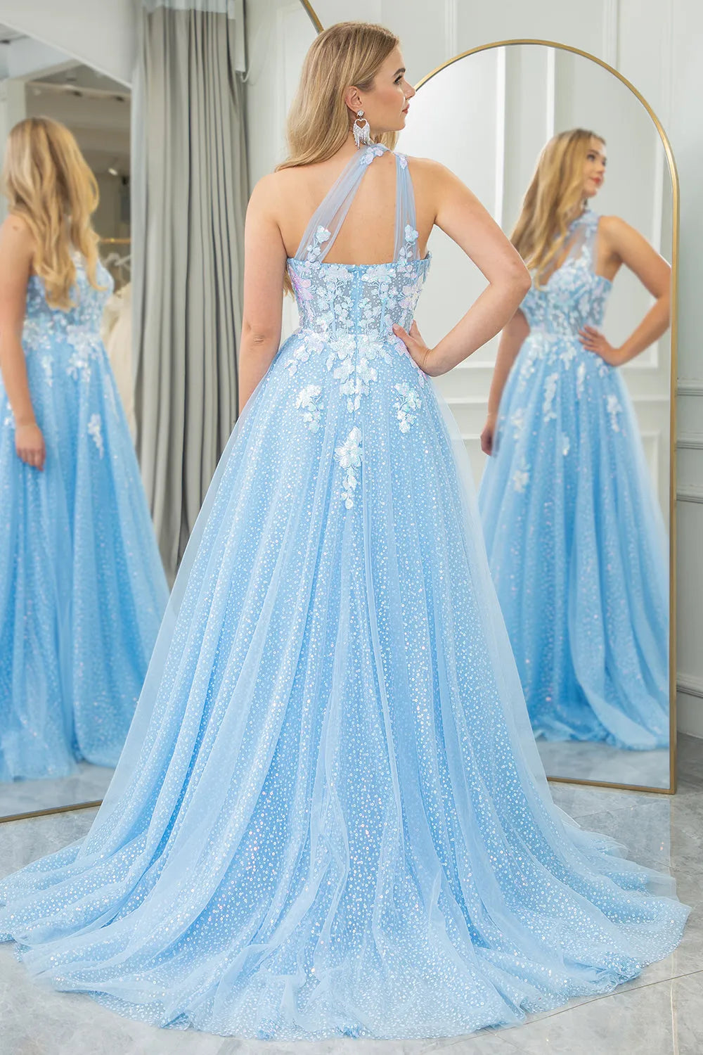 Wholesale Light Blue A Line One Shoulder Long Tulle Prom Dress With Appliques prom dresses shops
