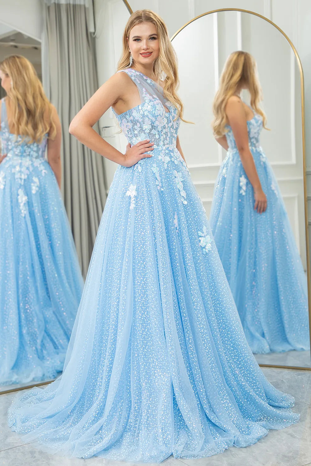 Wholesale Light Blue A Line One Shoulder Long Tulle Prom Dress With Appliques prom dresses shops