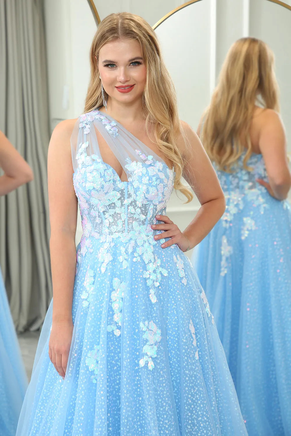 Wholesale Light Blue A Line One Shoulder Long Tulle Prom Dress With Appliques prom dresses shops