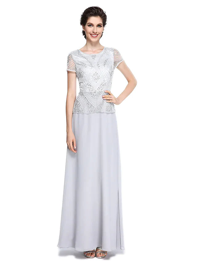 Wholesale Mother of the Bride Dress Jewel Neck Floor Length Chiffon Short Sleeve with Beading Sequin