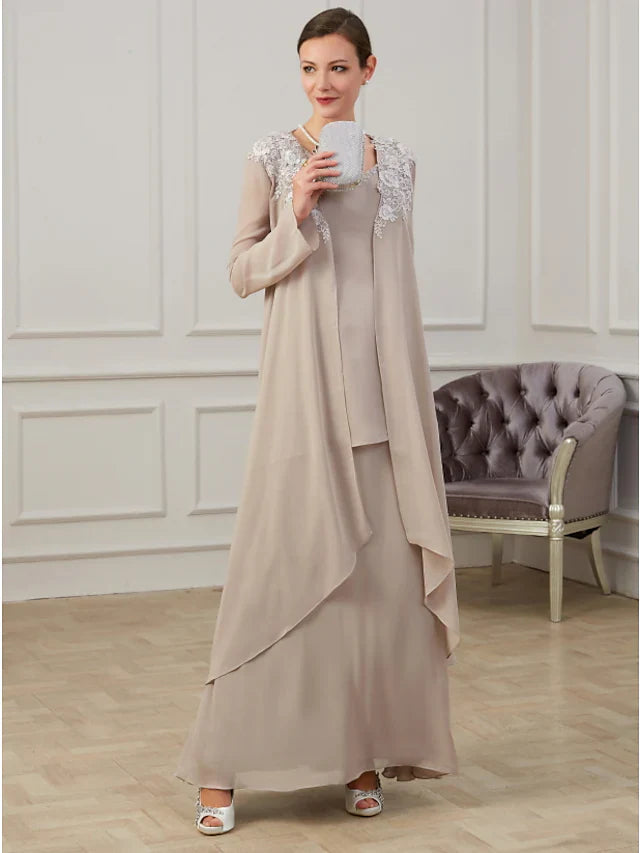 Wholesale A-Line Mother of the Bride Dress Elegant Jewel Neck Floor Length Polyester Long Sleeve with Appliques