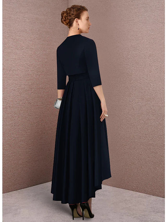 Wholesale Mother of the Bride Dress Elegant Vintage Jewel Neck Asymmetrical Lace Charmeuse 3/4 Length Sleeve with Sash Ribbon Pleats