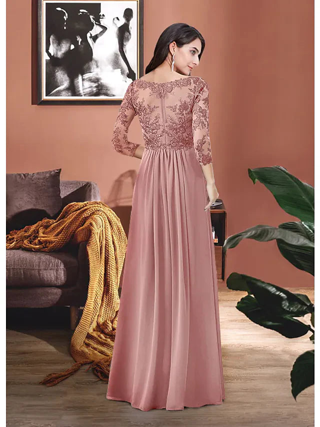 Wholesale Mother of the Bride Dress Elegant V Neck Floor Length Chiffon Lace 3/4 Length Sleeve with Pleats Appliques Crystal Brooch