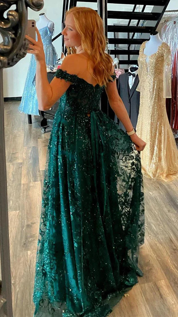 Wholesale Dark Green Off the Shoulder Lace Evening Gown with Split Long Prom Dress
