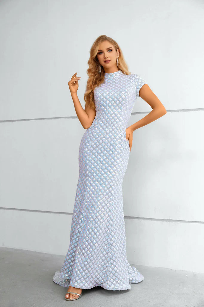 Wholesale Short Sleeve Evening Dress Mermaid Shiny Long Prom Dress