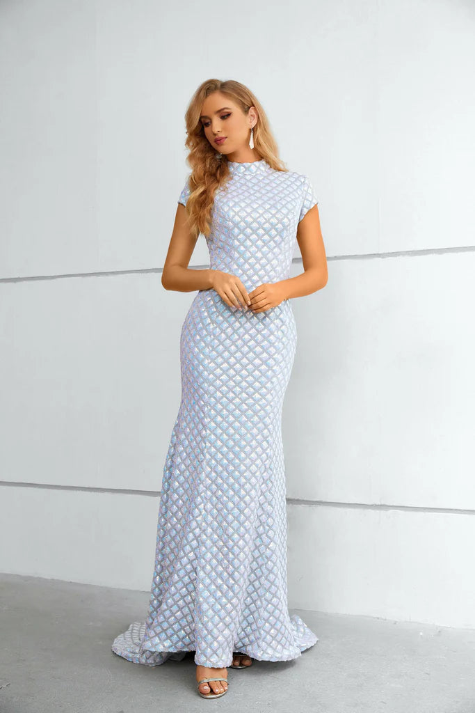 Wholesale Short Sleeve Evening Dress Mermaid Shiny Long Prom Dress