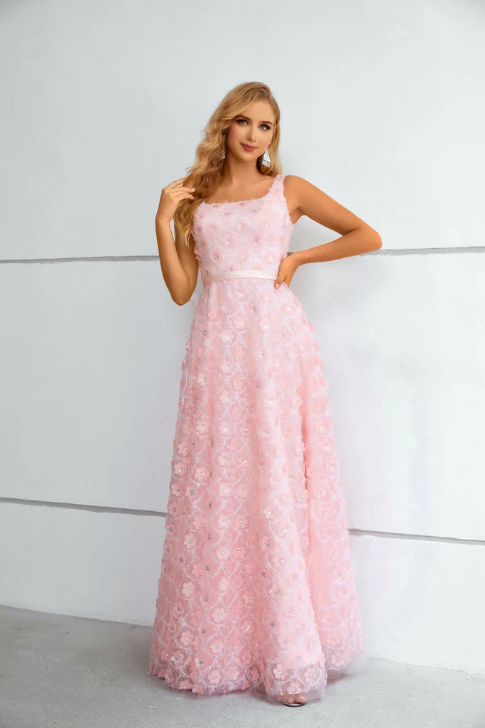 Wholesale Pink Sweet Flower Prom Dress Long Lace Straps Party Dress