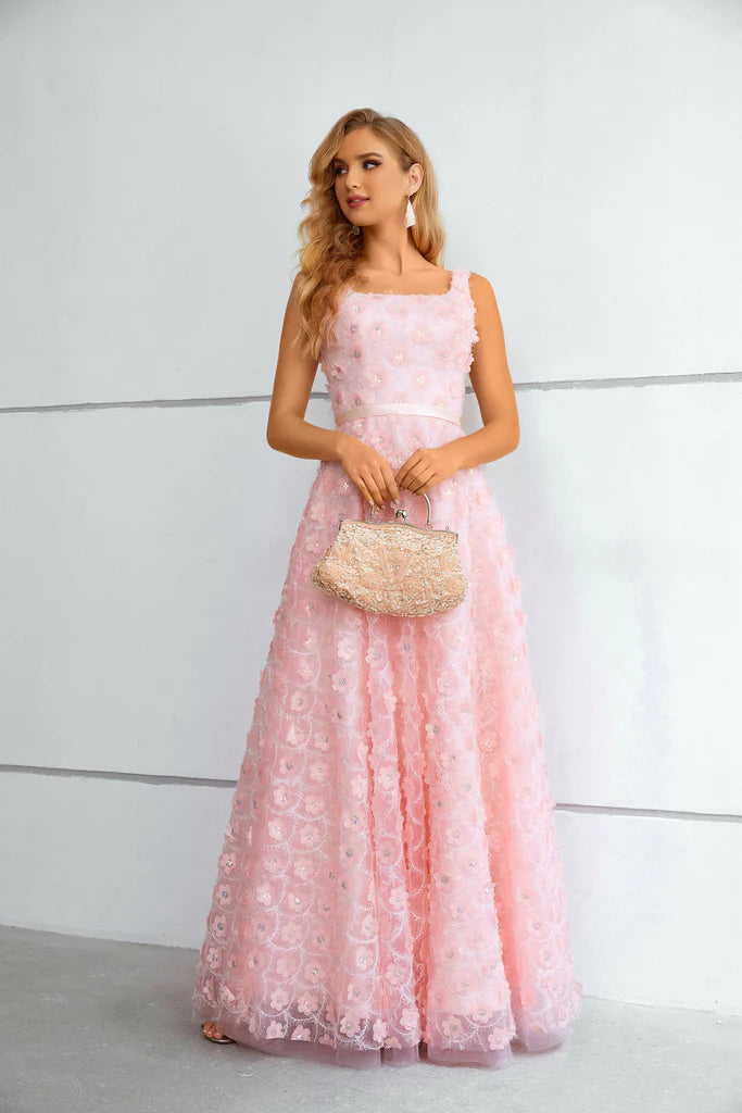 Wholesale Pink Sweet Flower Prom Dress Long Lace Straps Party Dress