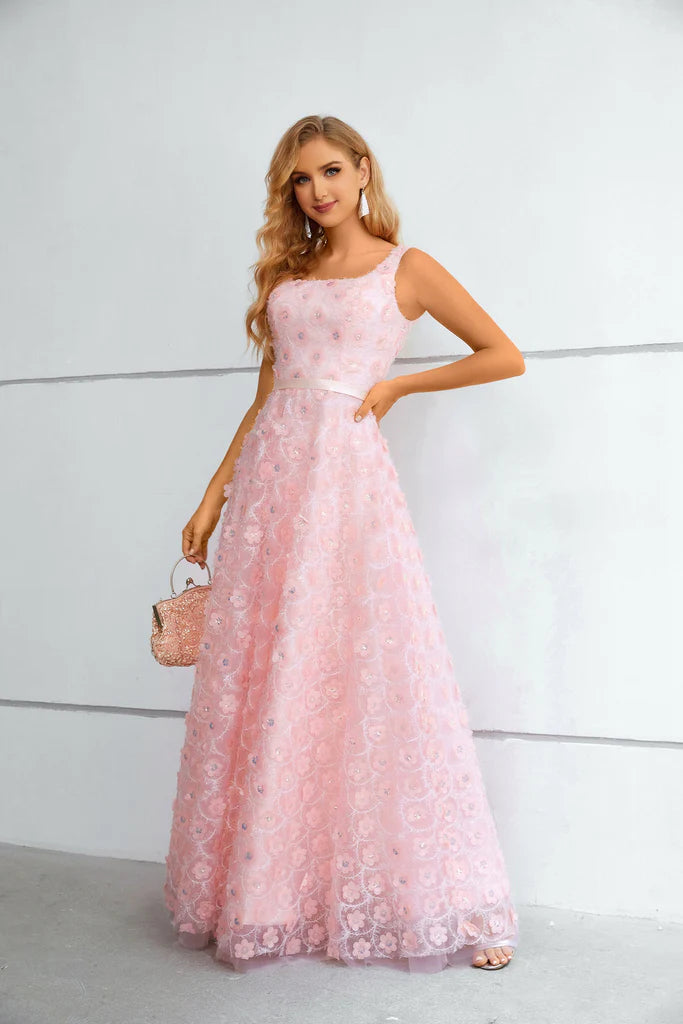 Wholesale Pink Sweet Flower Prom Dress Long Lace Straps Party Dress