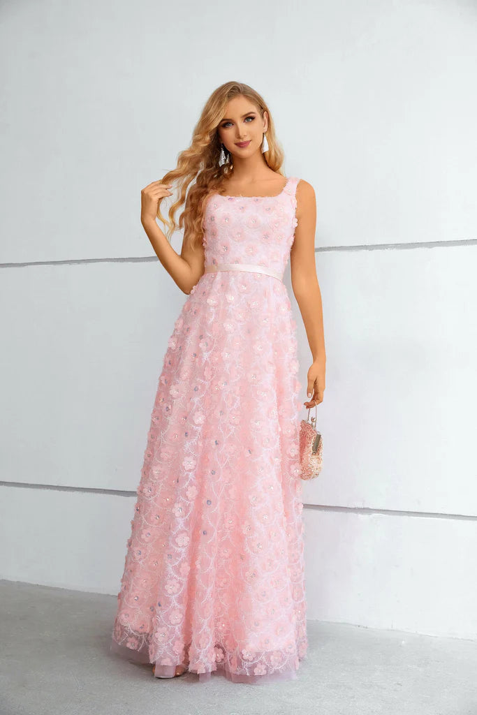 Wholesale Pink Sweet Flower Prom Dress Long Lace Straps Party Dress