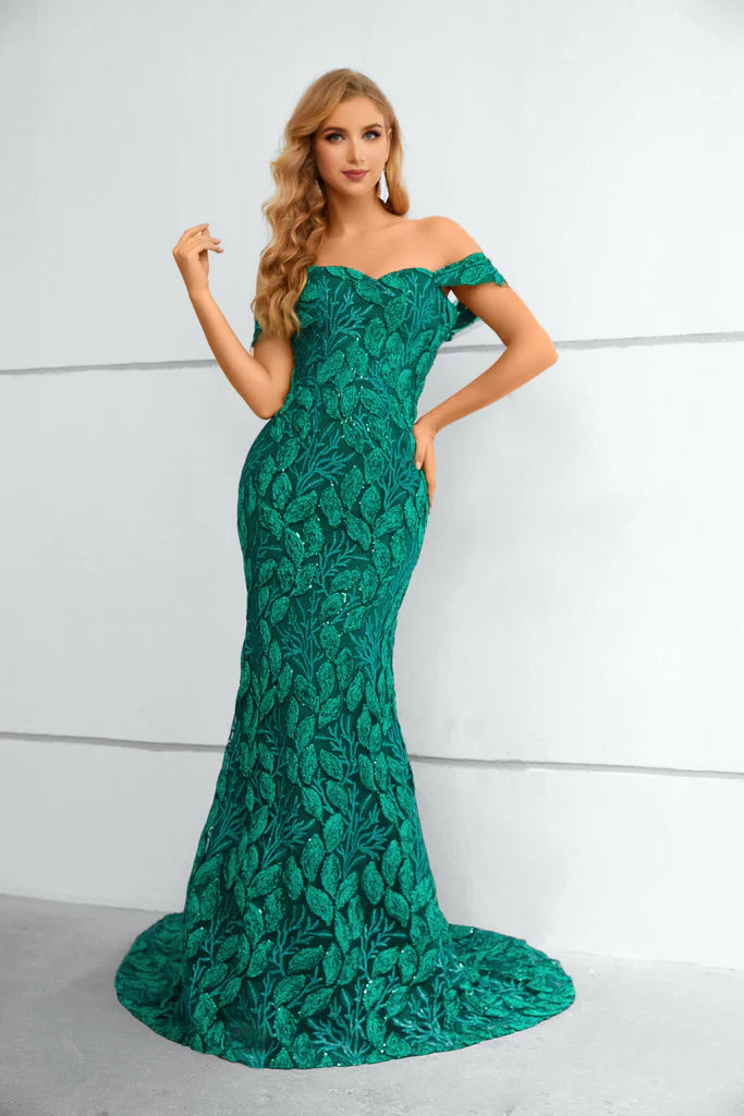 Wholesale Off the Shoulder Green Appliques Prom Dress Mermaid Long Evening Dress