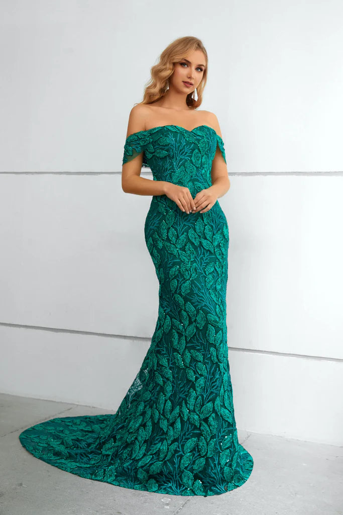 Wholesale Off the Shoulder Green Appliques Prom Dress Mermaid Long Evening Dress