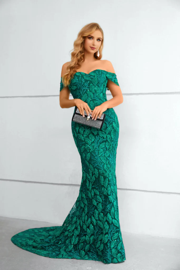 Wholesale Off the Shoulder Green Appliques Prom Dress Mermaid Long Evening Dress