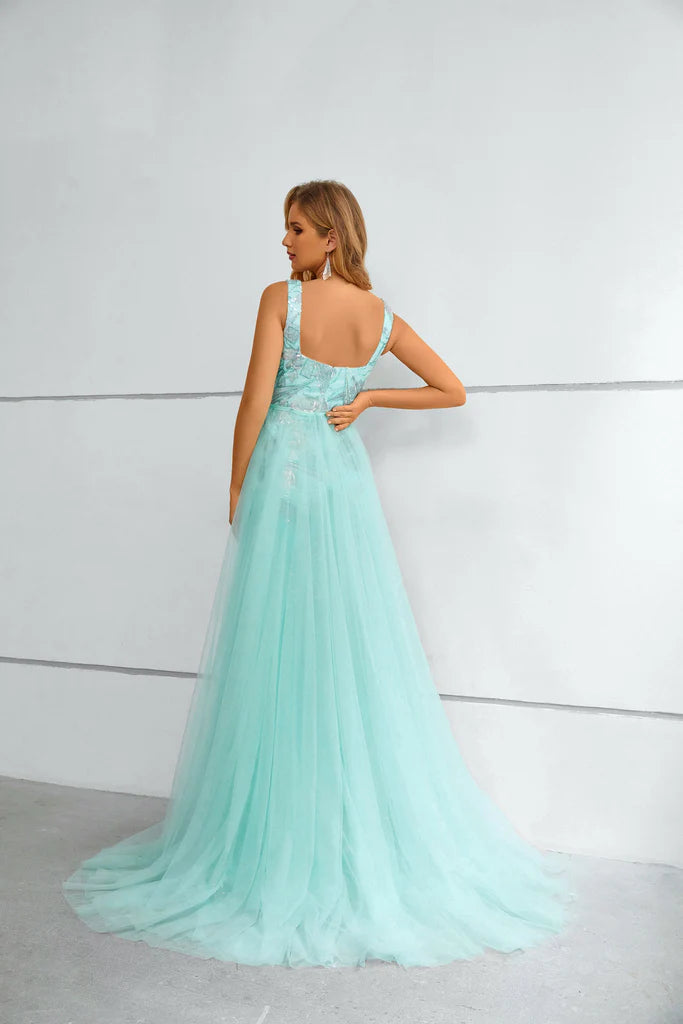 Wholesale Column Straps Sleeveless Shiny Lace Prom Dress with Detachable Tulle Train