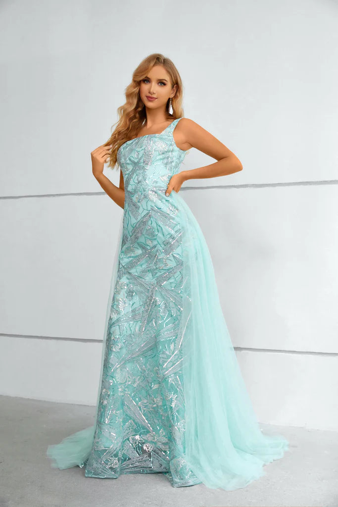 Wholesale Column Straps Sleeveless Shiny Lace Prom Dress with Detachable Tulle Train