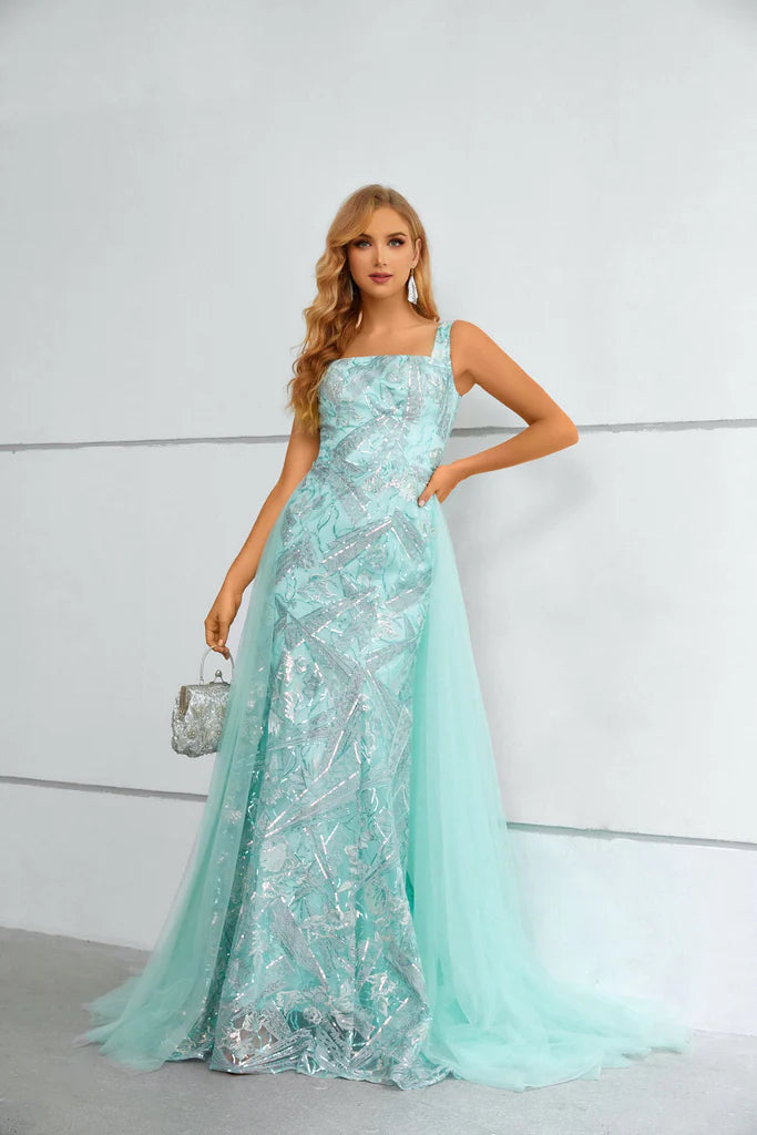 Wholesale Column Straps Sleeveless Shiny Lace Prom Dress with Detachable Tulle Train