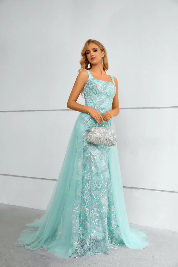 Wholesale Column Straps Sleeveless Shiny Lace Prom Dress with Detachable Tulle Train