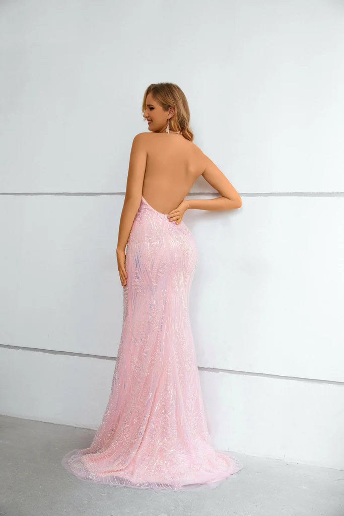 Wholesale Halter Mermaid Keyhole Pink Beaded and Sequins Prom Dress