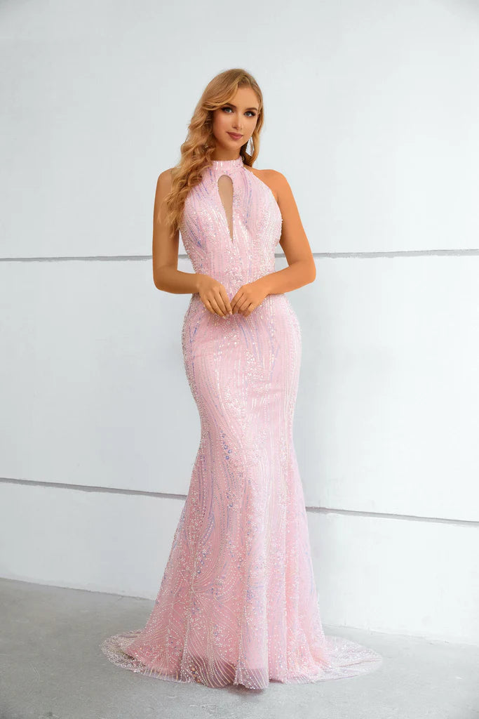 Wholesale Halter Mermaid Keyhole Pink Beaded and Sequins Prom Dress