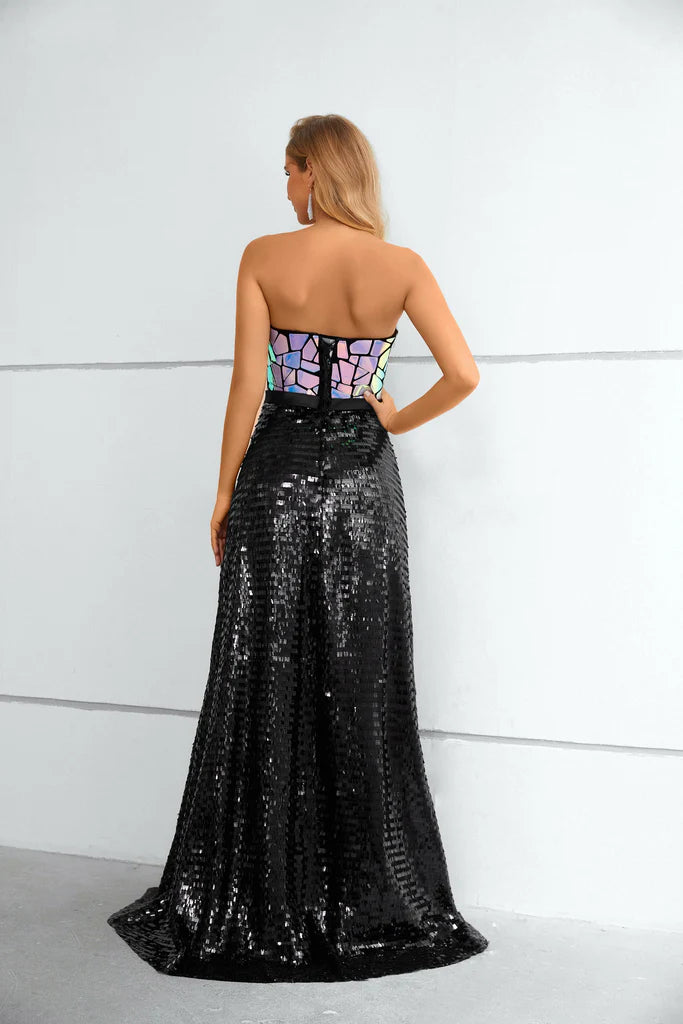 Wholesale Unique Shiny Strapless Prom Dress Black Sequins Long Evening Dress