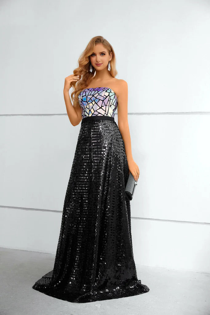 Wholesale Unique Shiny Strapless Prom Dress Black Sequins Long Evening Dress