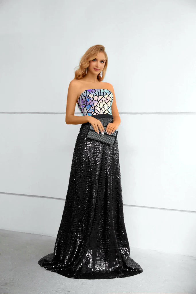 Wholesale Unique Shiny Strapless Prom Dress Black Sequins Long Evening Dress