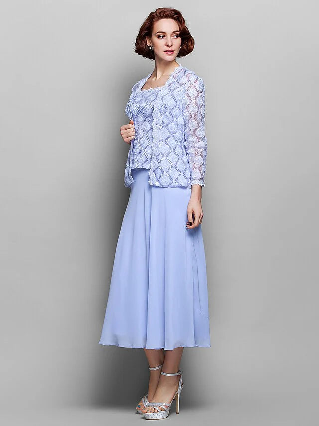 Wholesale Mother of the Bride Dress Wrap Included Straps Tea Length Chiffon Lace Long Sleeve with Lace