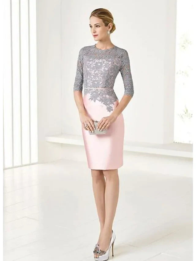 Wholesale Mother of the Bride Dress Wrap Included Jewel Neck Knee Length Lace Satin 3/4 Length Sleeve with Lace