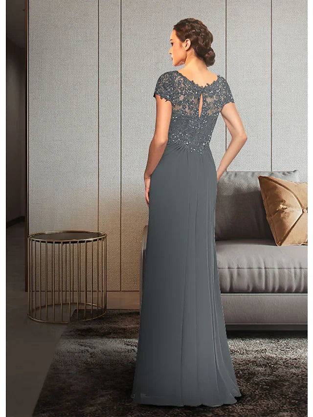Wholesale Mother of the Bride Dress Elegant V Neck Floor Length Chiffon Lace Short Sleeve with Sequin Appliques Ruching