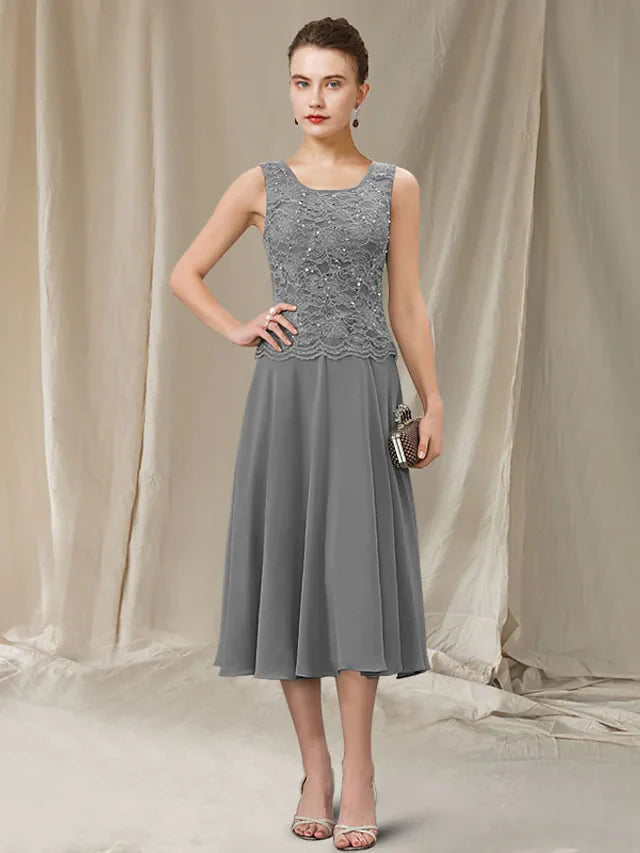 Wholesale Two Piece A-Line Mother of the Bride Dress Elegant Jewel Neck Tea Length Chiffon Lace Sleeveless with Sequin