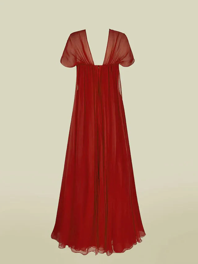 Wholesale A-Line Mother of the Bride Dress Elegant V Neck Floor Length Chiffon Short Sleeve with Pleats