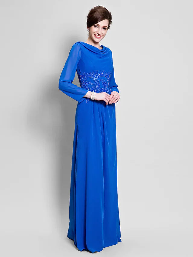 Wholesale Mother of the Bride Dress Vintage Inspired Cowl Neck Floor Length Chiffon Long Sleeve with Appliques