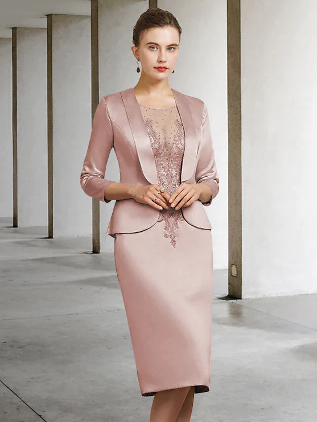 Wholesale Mother of the Bride Dress Elegant Jewel Neck Knee Length Lace Satin Length Sleeve with Appliques