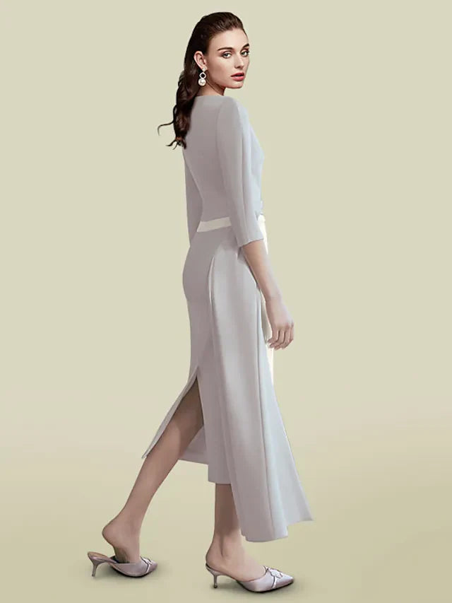 Wholesale Mother of the Bride Dress Elegant Jewel Neck Tea Length Italy Satin Half Sleeve with Ruching