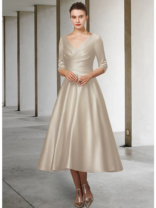 Wholesale A-Line Mother of the Bride Dress Elegant V Neck Tea Length Satin Half Sleeve with Pleats Ruching