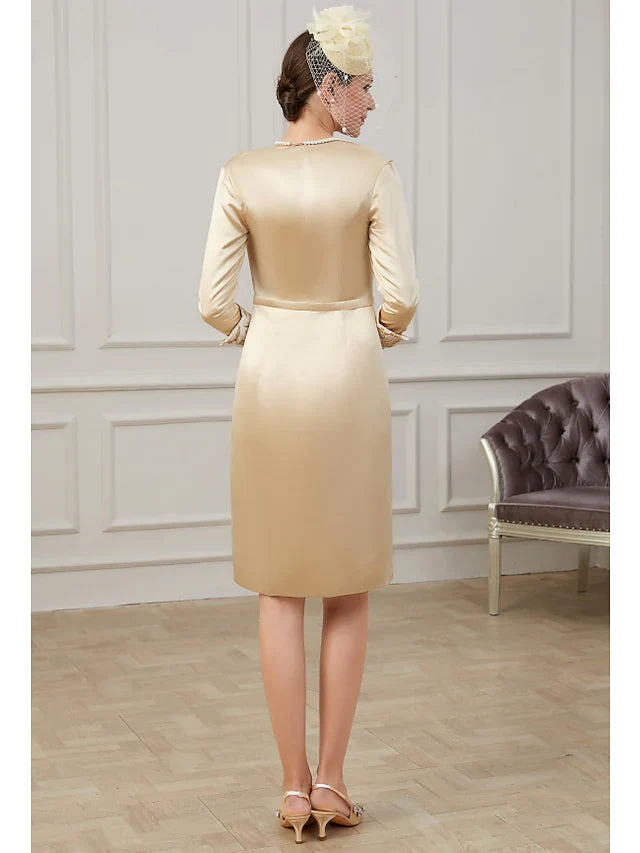 Wholesale Mother of the Bride Dress Plus Size Jewel Neck Knee Length Lace Polyester 3/4 Length Sleeve with Lace Appliques Ruching